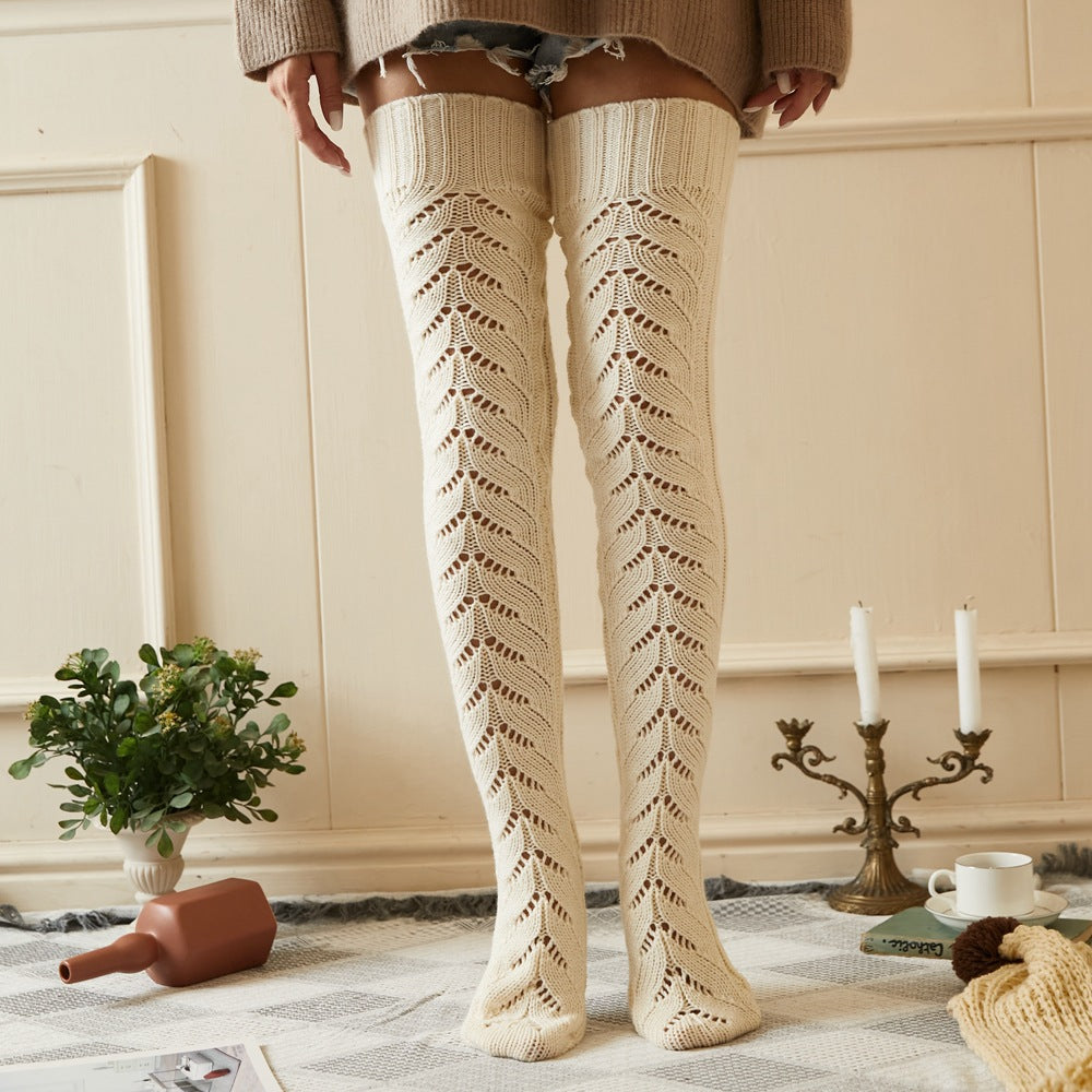 Hollow Long Tube Over The Knee Socks Knitted Pile Socks