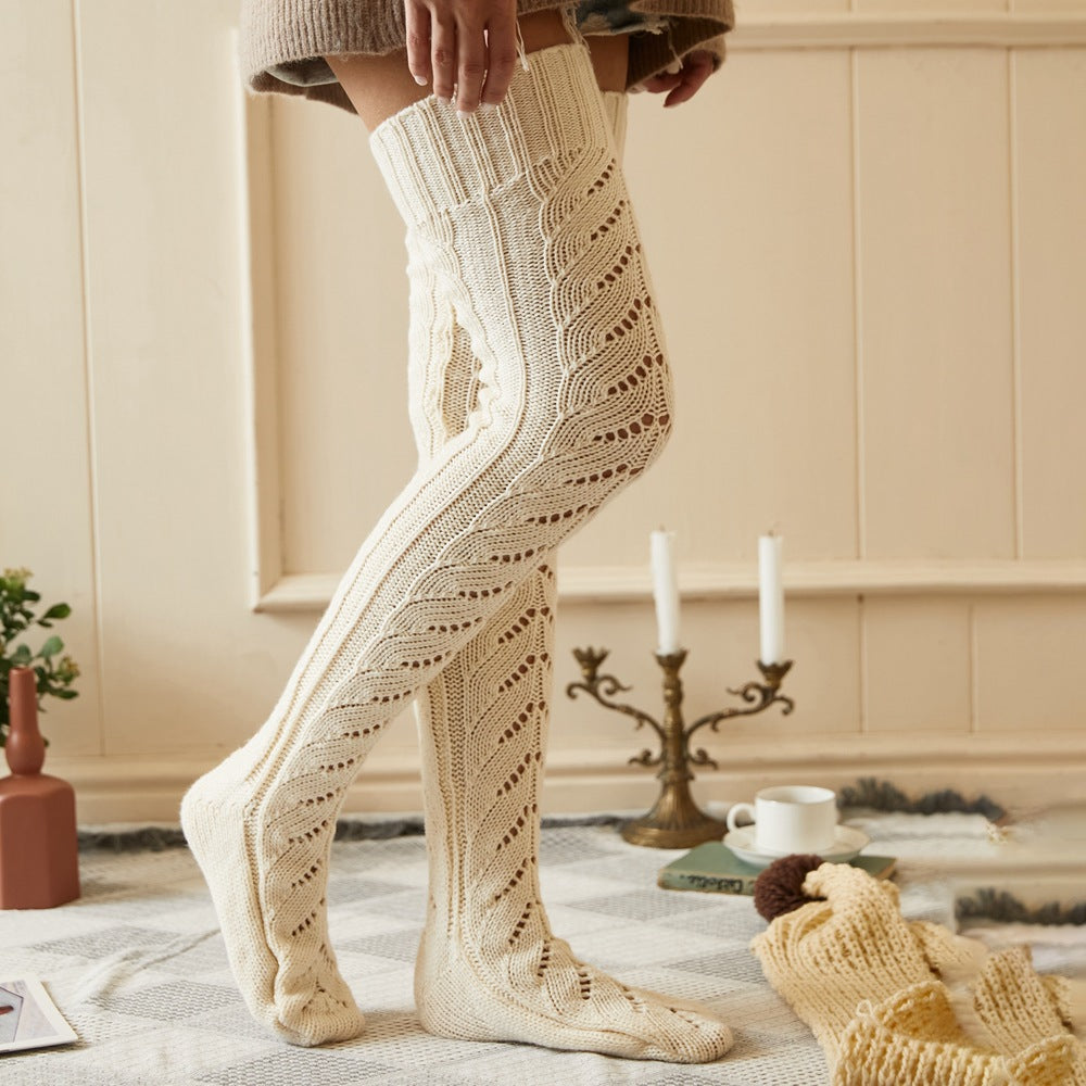 Hollow Long Tube Over The Knee Socks Knitted Pile Socks