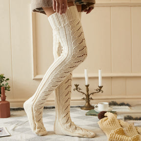 Hollow Long Tube Over The Knee Socks Knitted Pile Socks